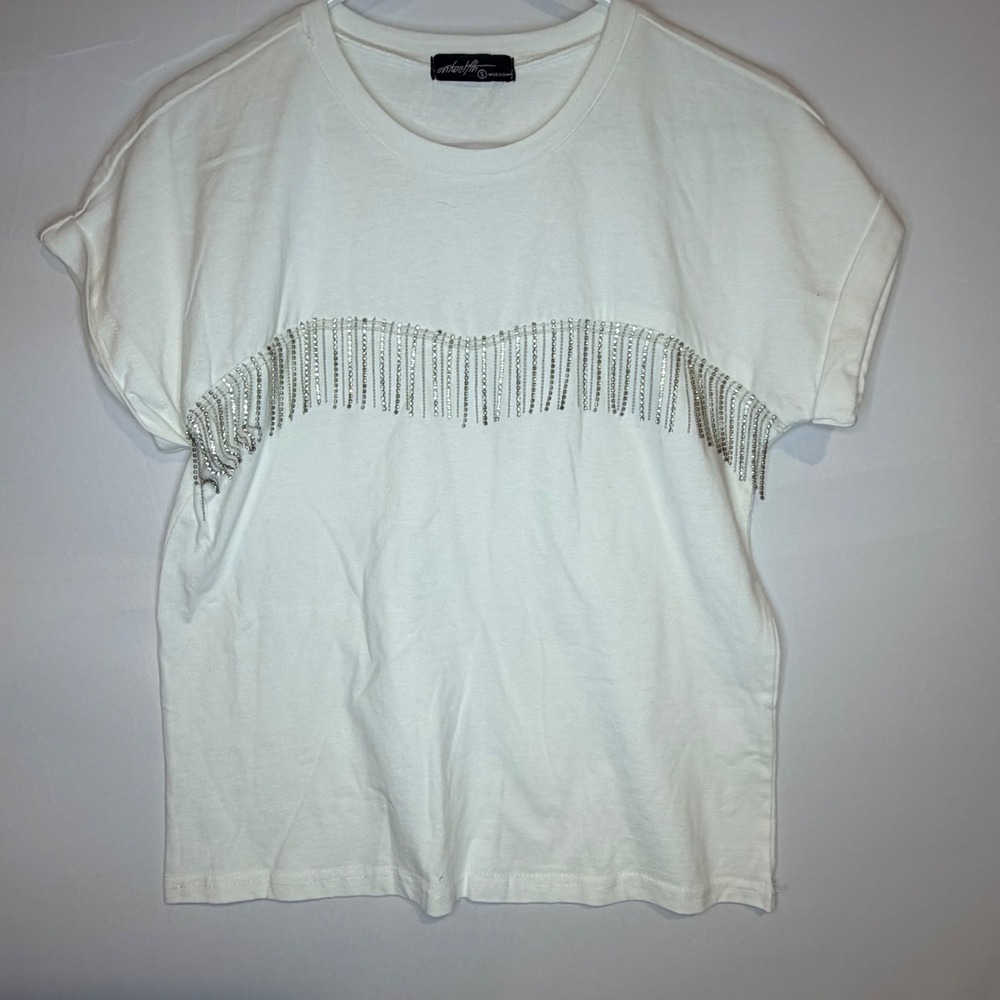 On Twelfth White Rhinestone Fringe T-Shirt Women Small Short Sleeve Western Glam